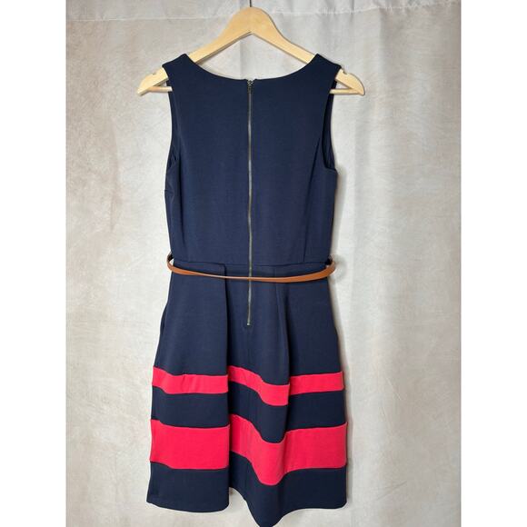 IZ Byer Navy Dress with Coral Stripes and Tan Belt Size 7 - Picture 3 of 5